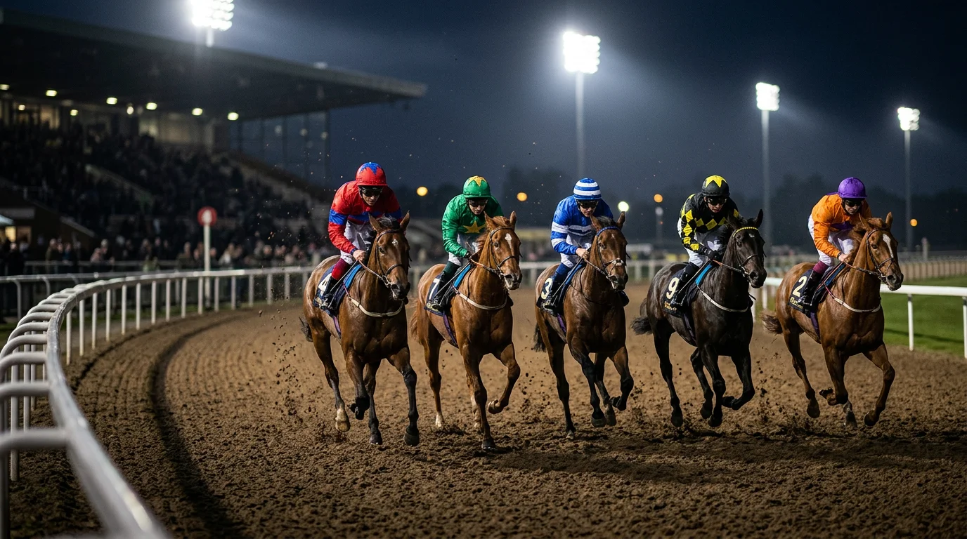 Horses racing on a brown all-weather Polytrack surface under floodlights at a UK racecourse