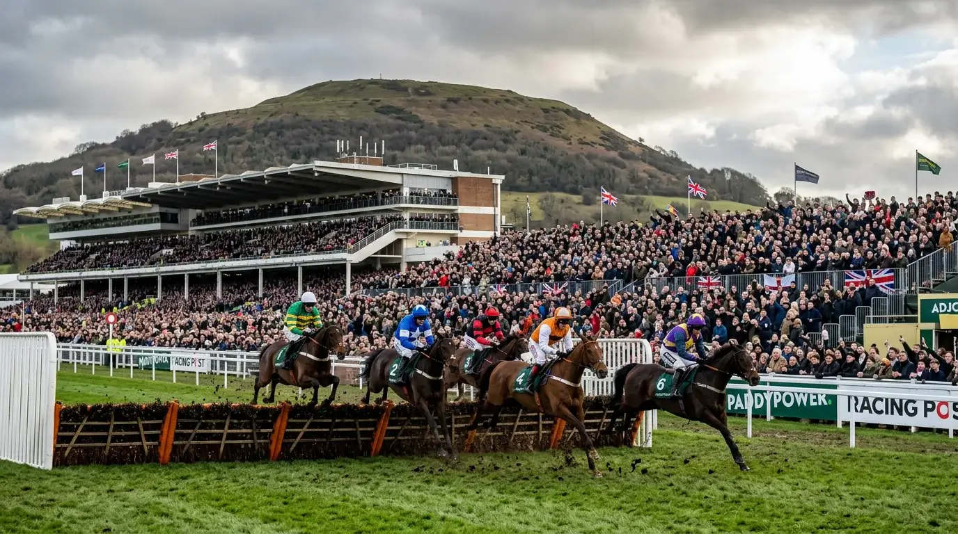 Packed Cheltenham racecourse grandstand during the Festival with horses jumping a hurdle on the course below