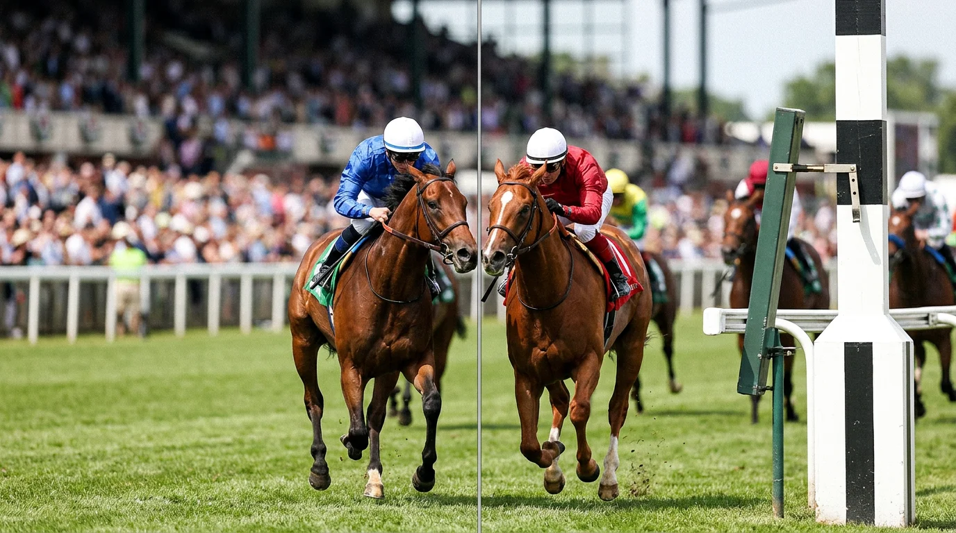 Photo-finish camera image showing two horses crossing the line together in a dead heat at a UK racecourse