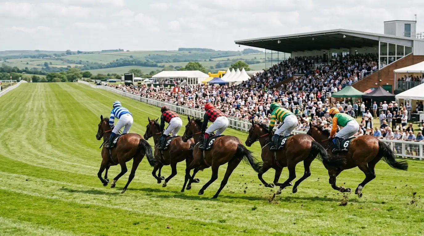 Horses racing downhill around Tattenham Corner on the cambered Epsom Downs turf course