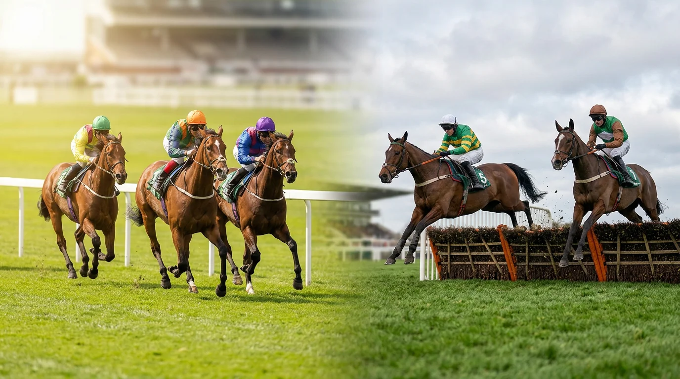 Flat racing and National Hunt steeplechase side by side on a British racecourse