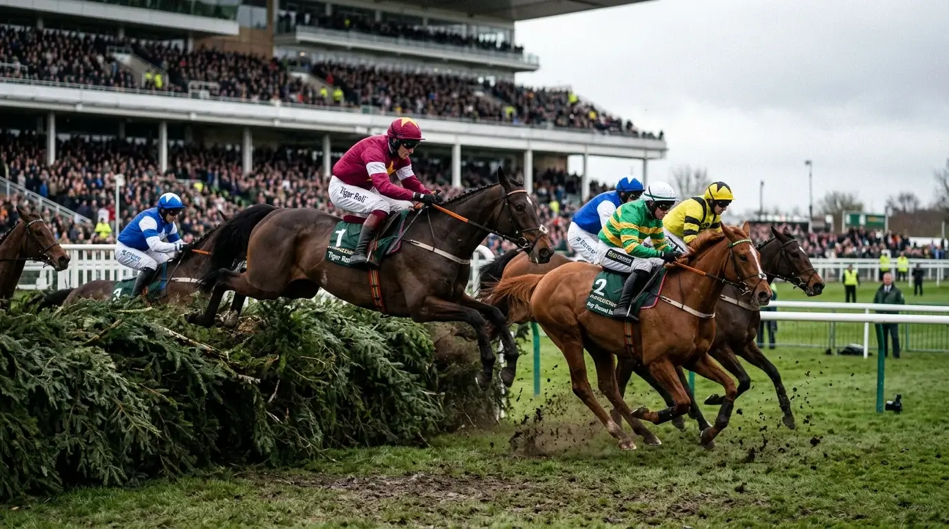 Horses and jockeys jumping a large spruce fence during the Grand National at Aintree racecourse