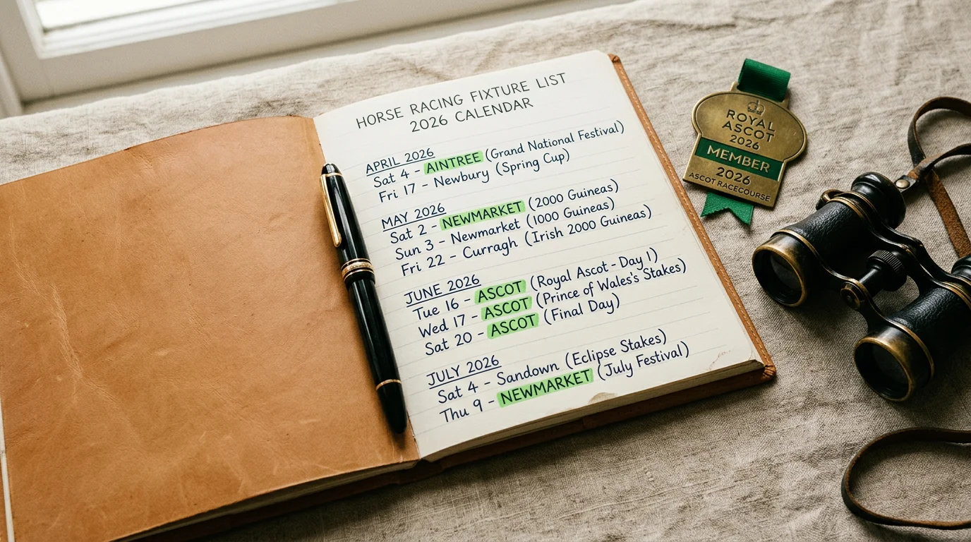 Open planner notebook showing a racing fixtures schedule with a pen and racecourse badge beside it