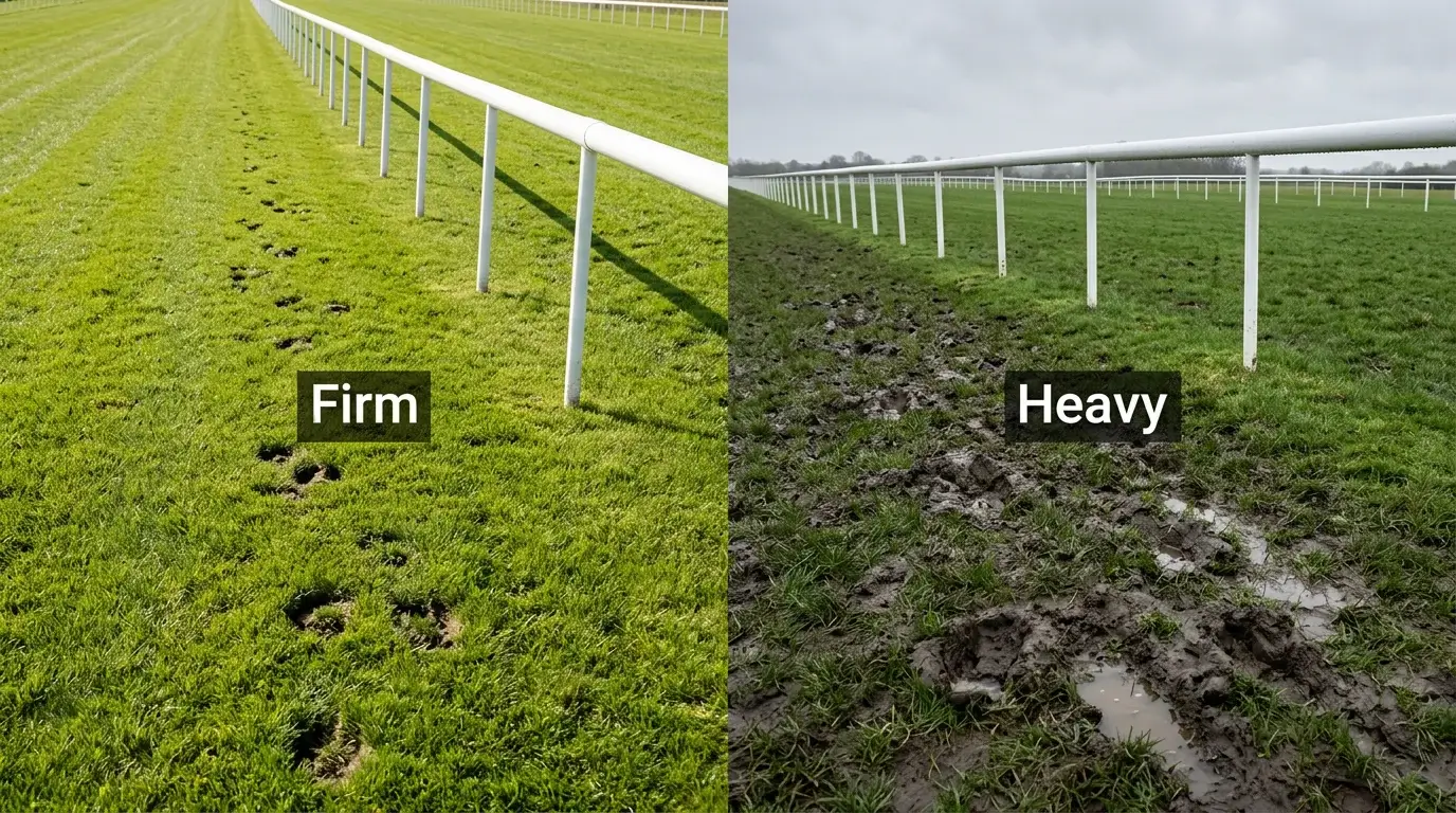Split view of a British racecourse showing firm dry turf on one side and heavy muddy ground on the other