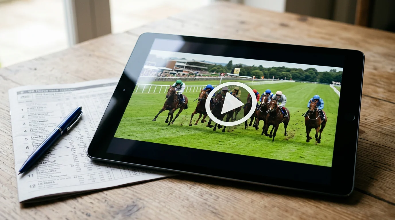 Tablet screen showing a horse racing replay video with a play button, resting on a table beside a form guide
