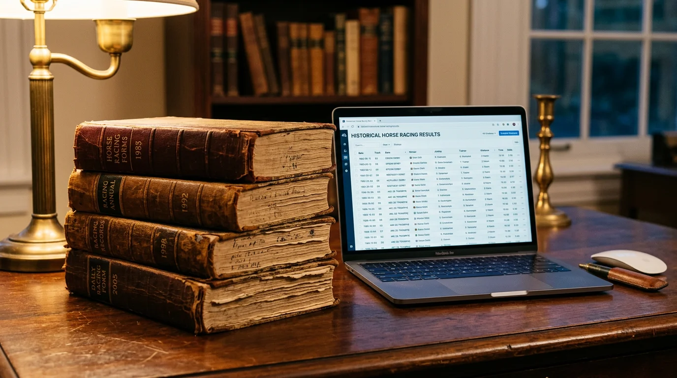 Stack of vintage horse racing form books and a modern laptop showing a results database on screen