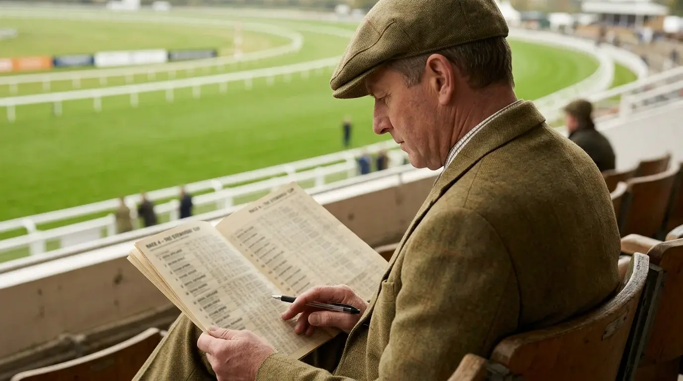 Racegoer studying a form guide with a British turf racecourse in the background