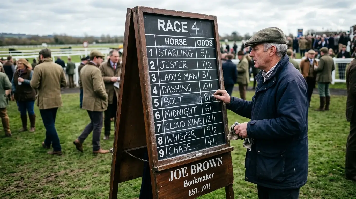 Starting price odds displayed on a bookmaker board at a UK horse racing meeting