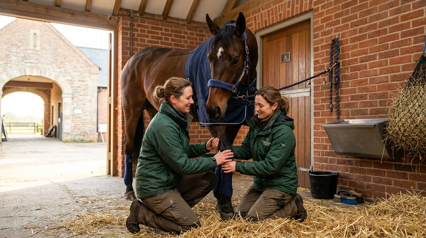 Veterinarian examining a thoroughbred racehorse in a stable yard at a British training centre
