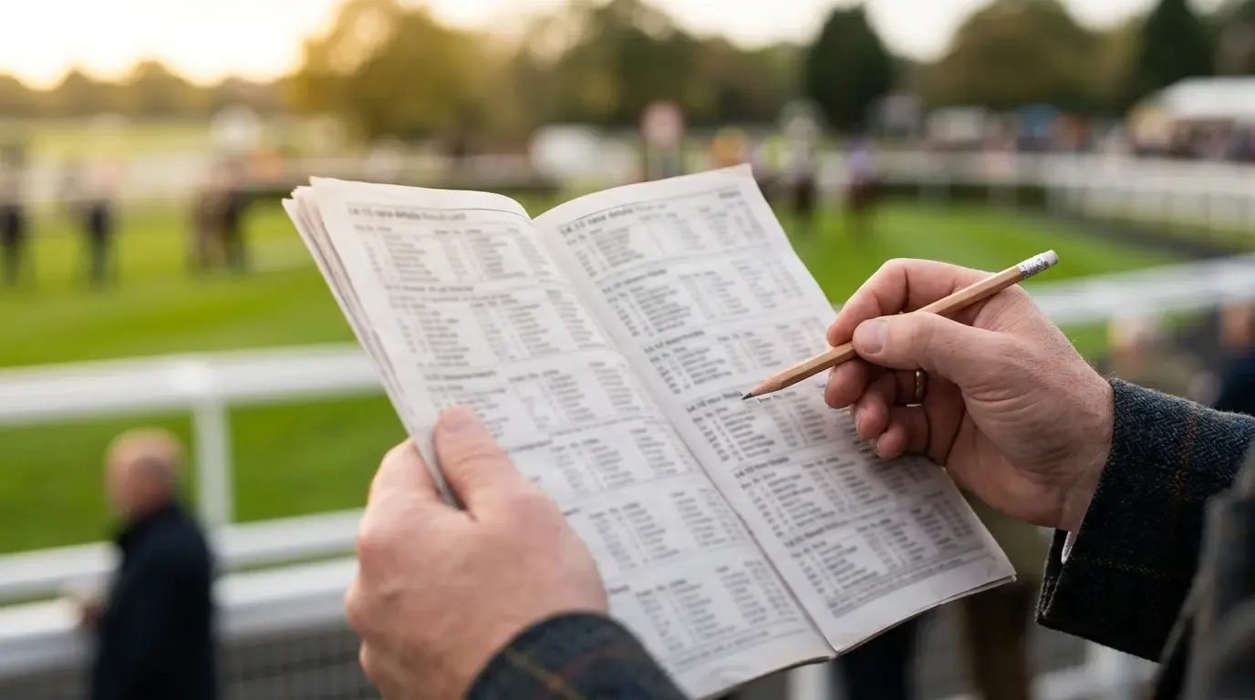 Close-up of a horse racing result card with form figures and finishing positions