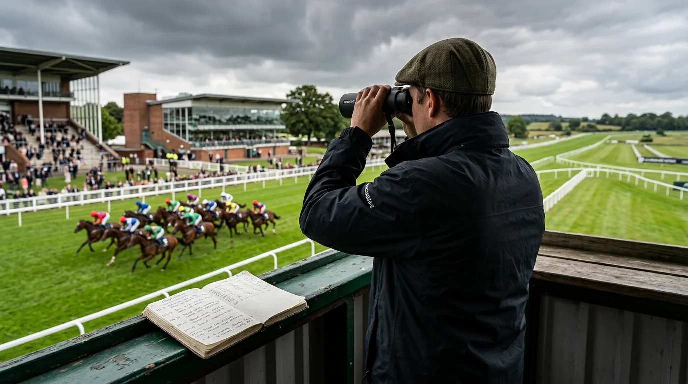 Race analyst with binoculars watching horses mid-race from a British racecourse grandstand