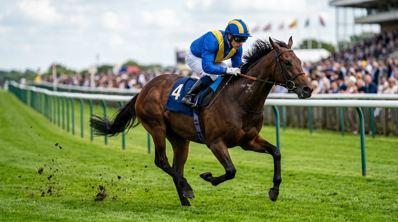 Jockey in colourful racing silks riding a galloping thoroughbred horse on a British turf racecourse