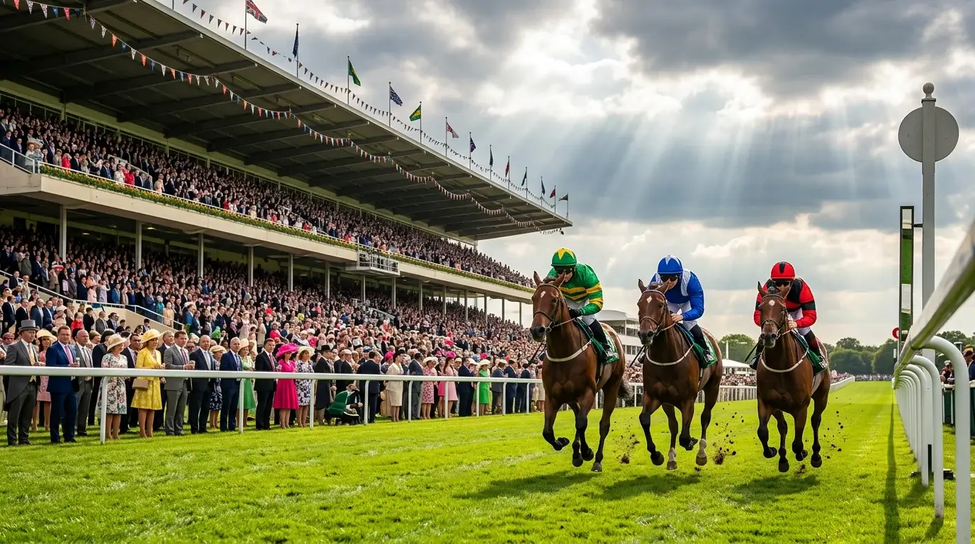 Packed grandstand at a major UK horse racing festival with horses approaching the finish