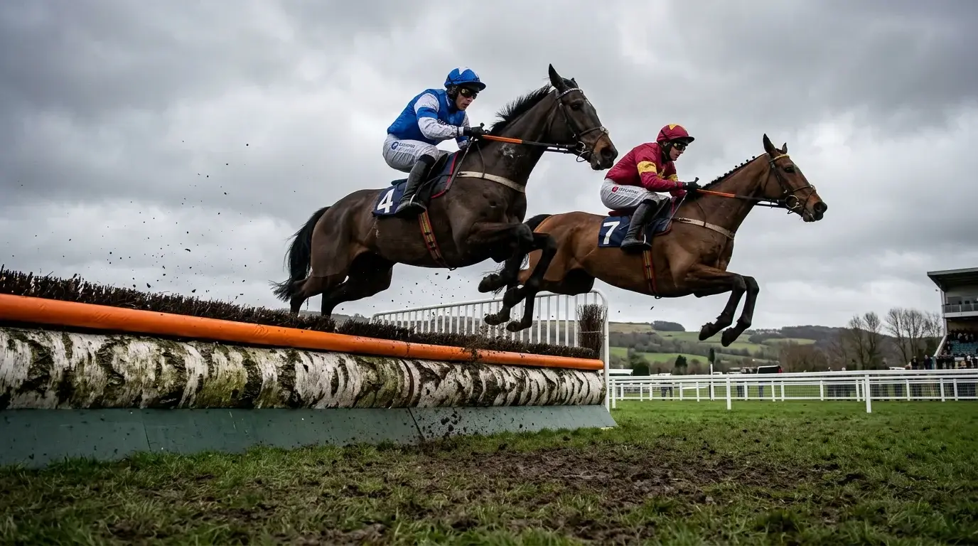 National Hunt steeplechase horses jumping a fence during a race at a British racecourse