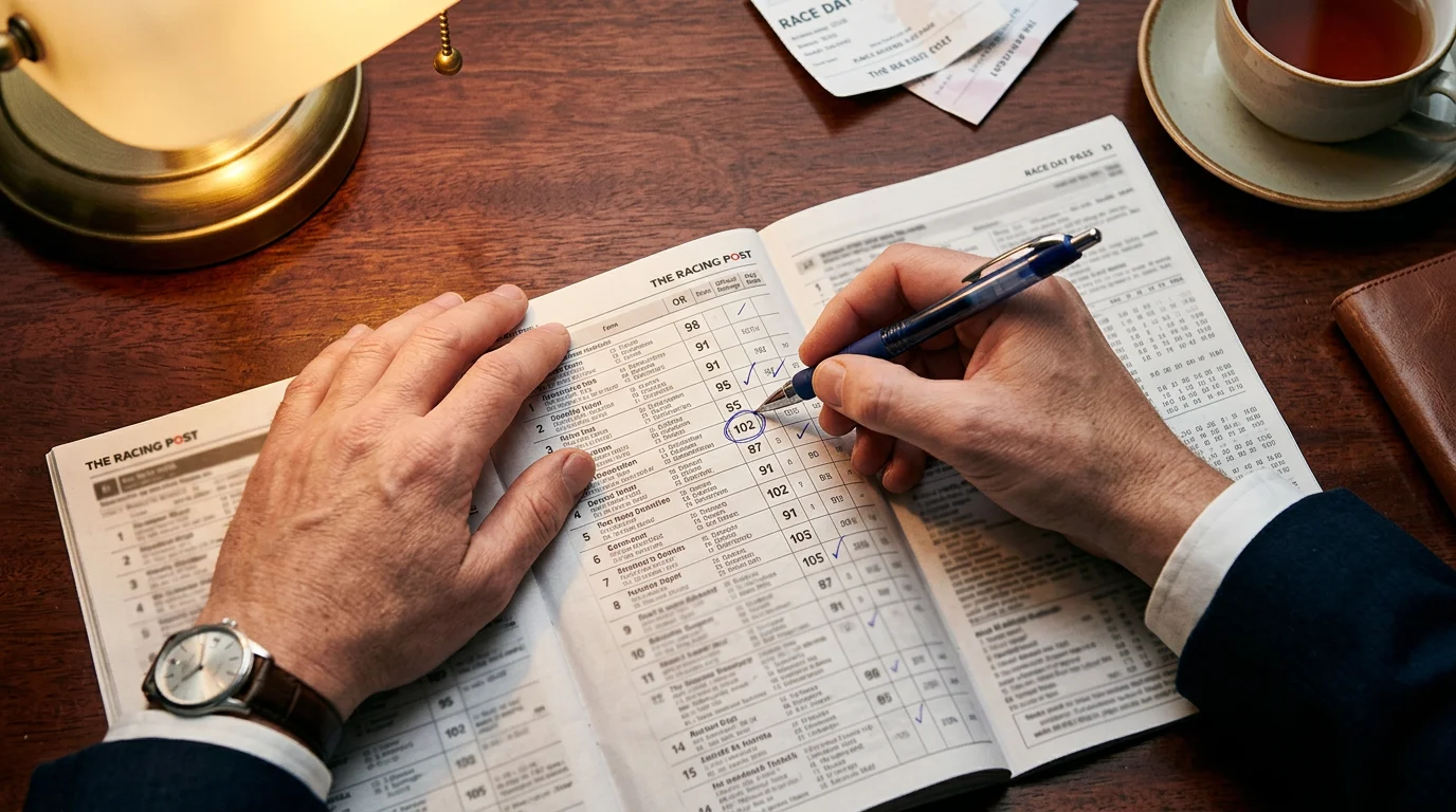 Handicapper studying a horse racing form book with a pen highlighting Official Rating numbers