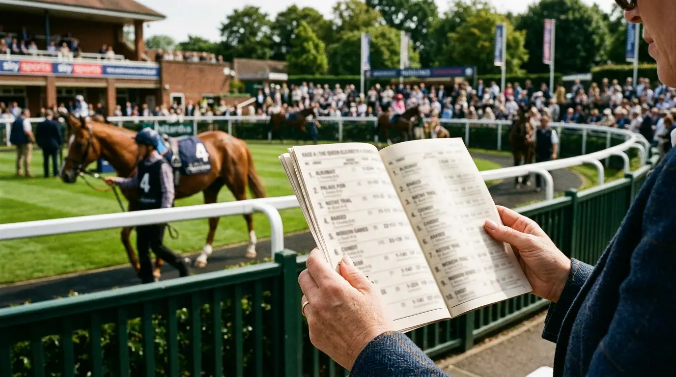 Racegoer holding a printed racecard programme at a British racecourse with the parade ring in the background