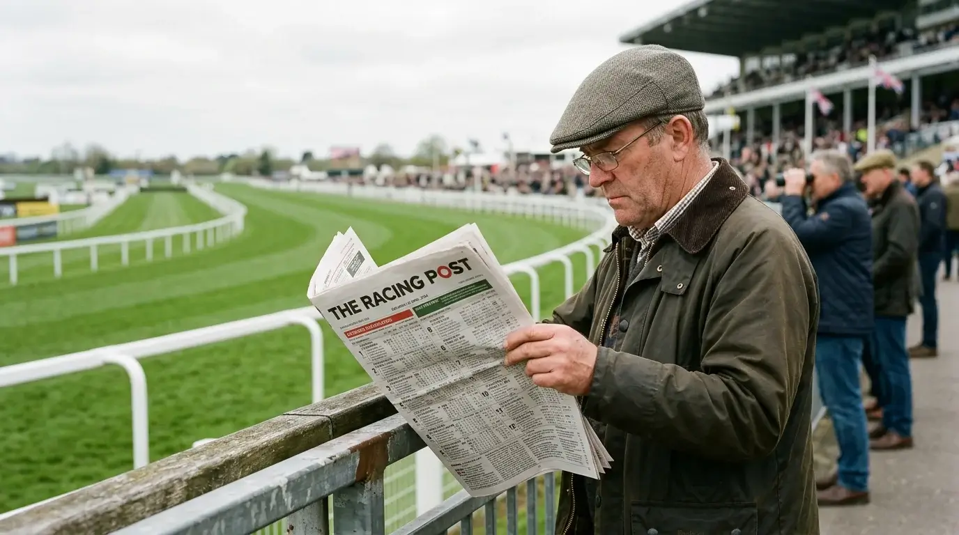 Punter studying horse racing form figures and race results on a newspaper at a British racecourse