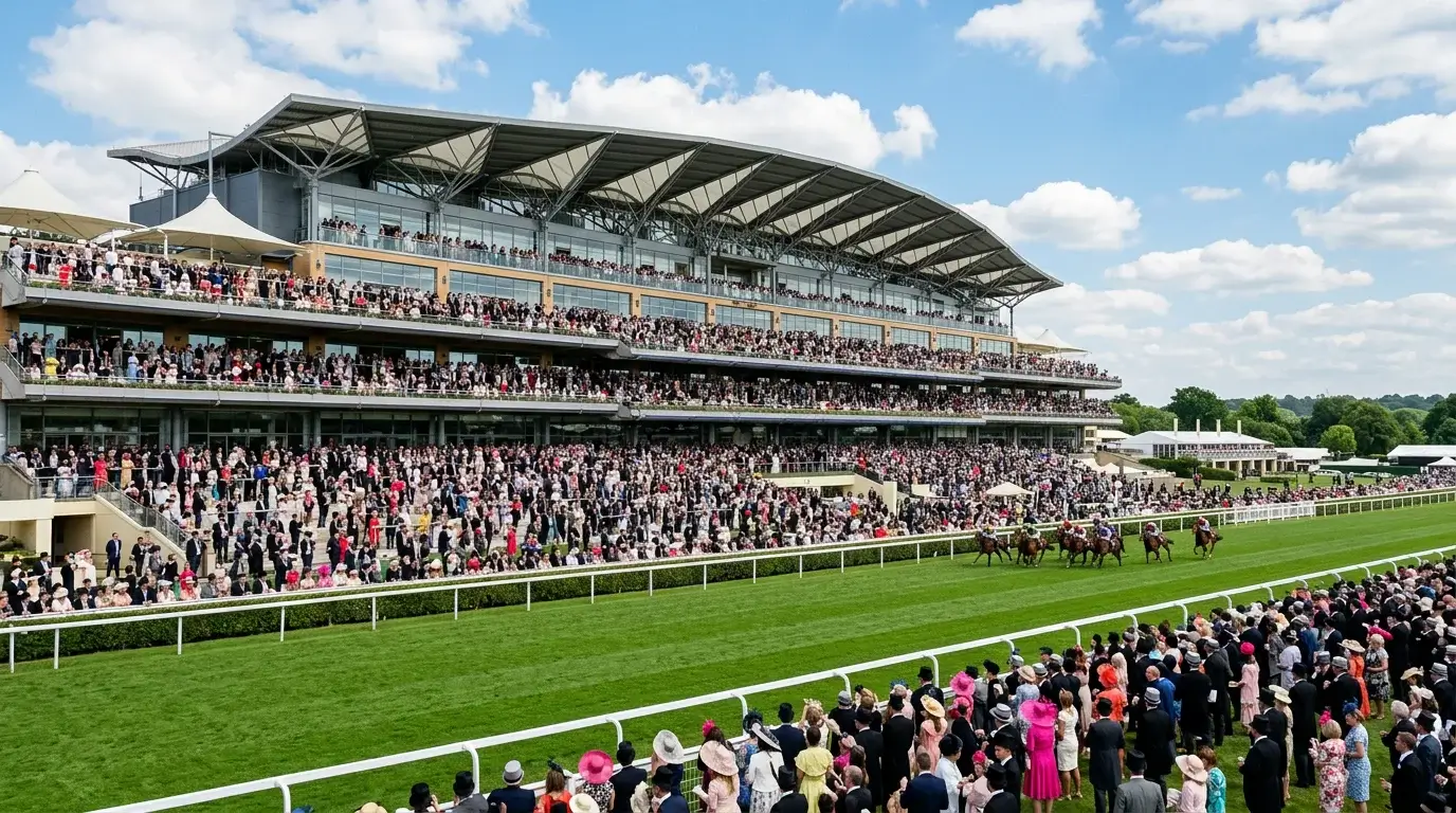 Royal Ascot grandstand filled with spectators watching thoroughbred horse racing on the turf