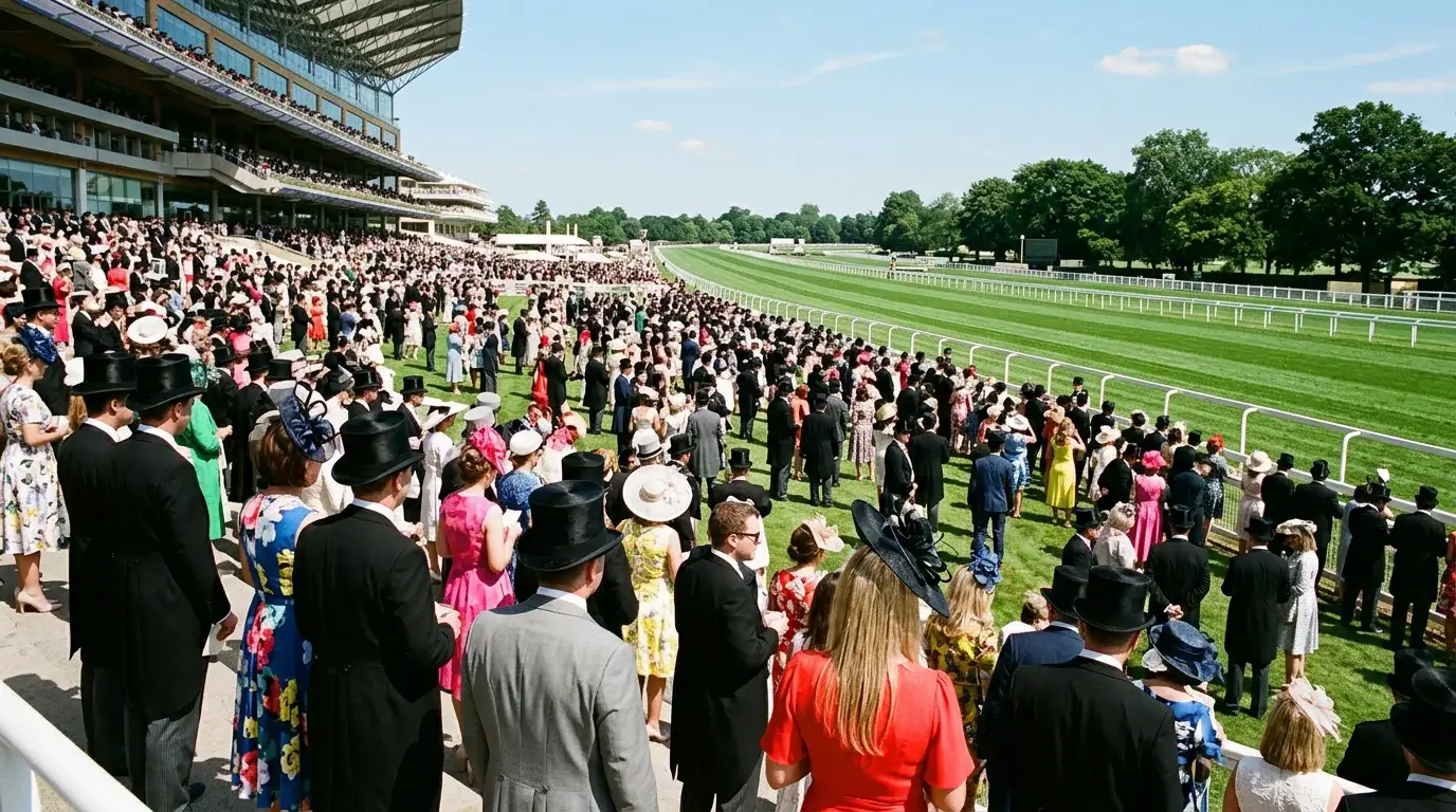 Elegantly dressed racegoers in the Royal Ascot grandstand with the course and parade ring visible behind