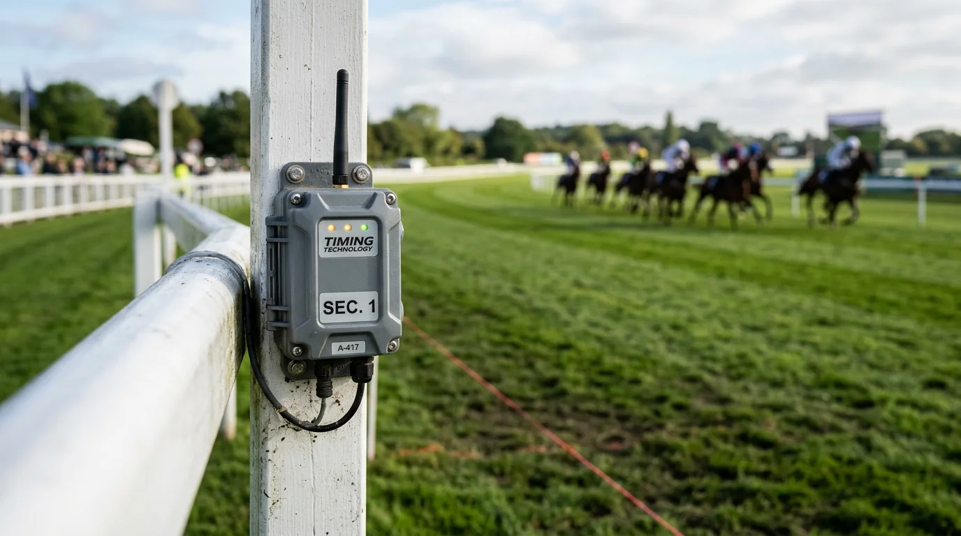 Timing sensor equipment mounted on a rail post beside a British racecourse turf track