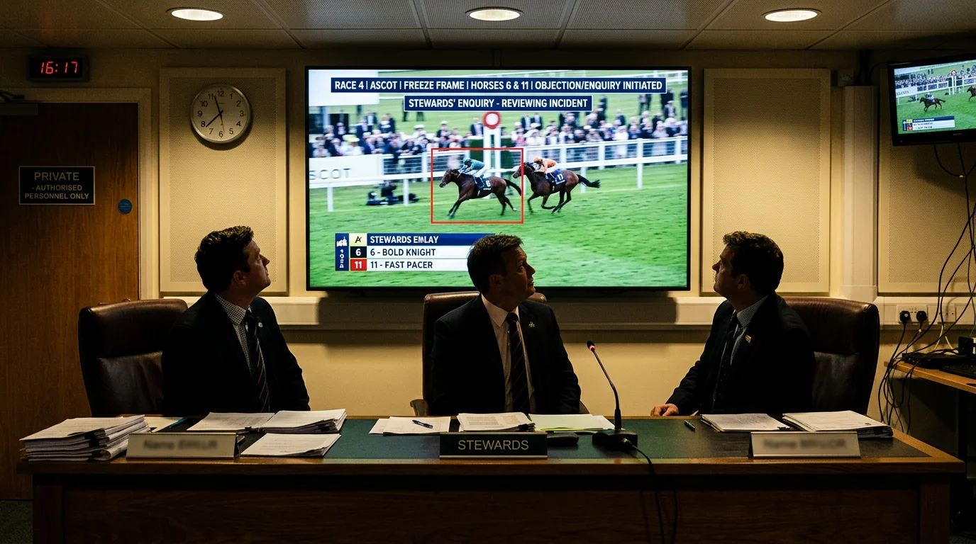 Stewards in the enquiry room reviewing a race replay on a large screen at a British racecourse