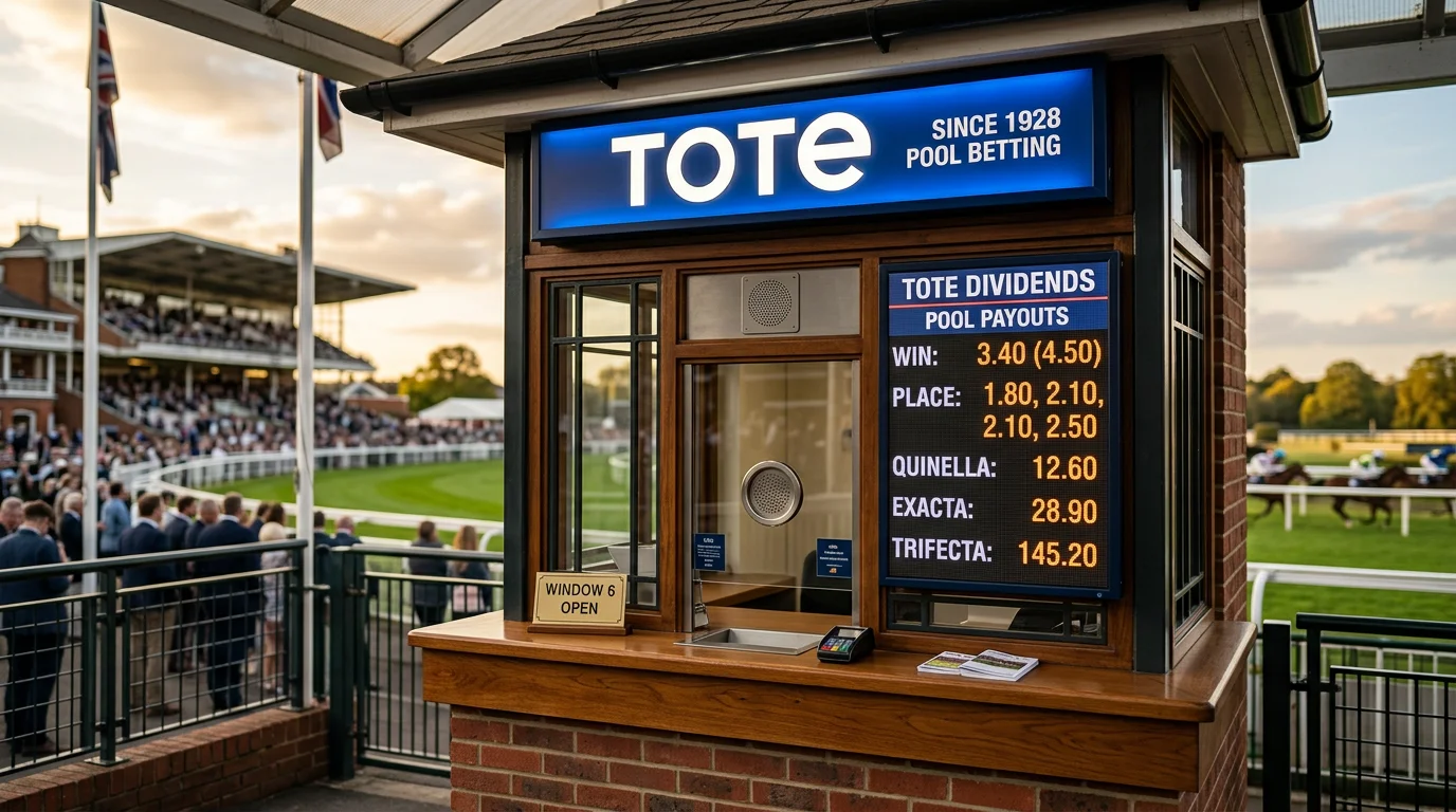 Tote betting window at a British racecourse with the illuminated Tote logo and odds display