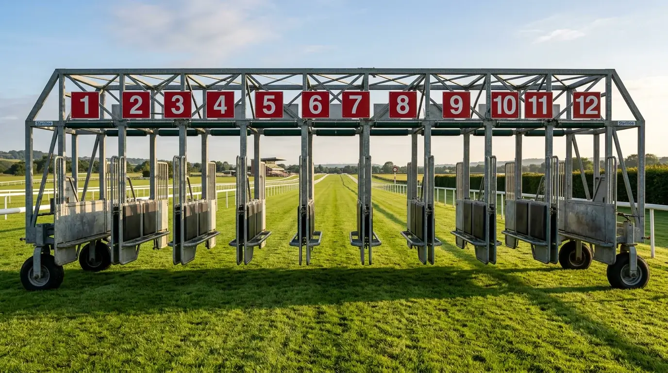 Starting stalls on a British turf racecourse with numbered gates and the straight track stretching ahead