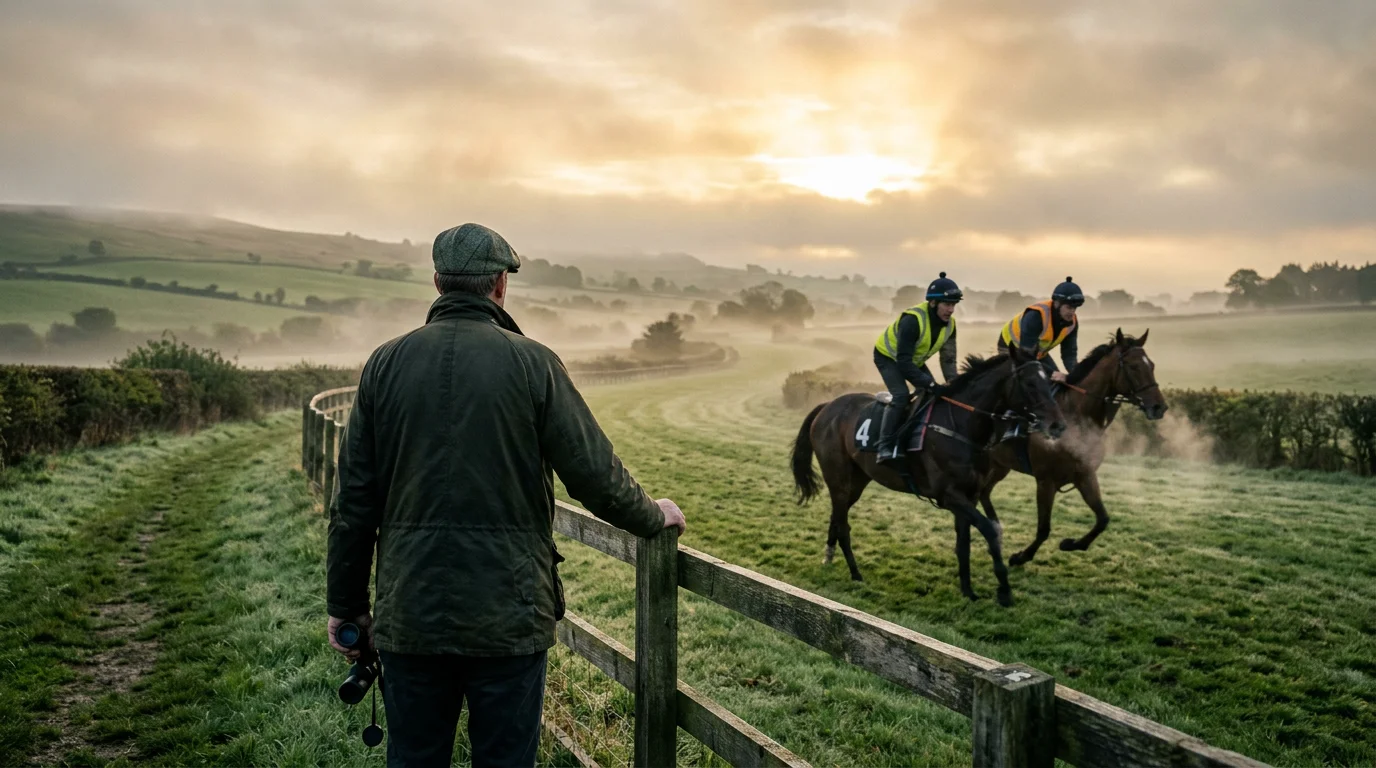 Horse trainer in a flat cap watching racehorses exercise on a misty British training gallop at dawn