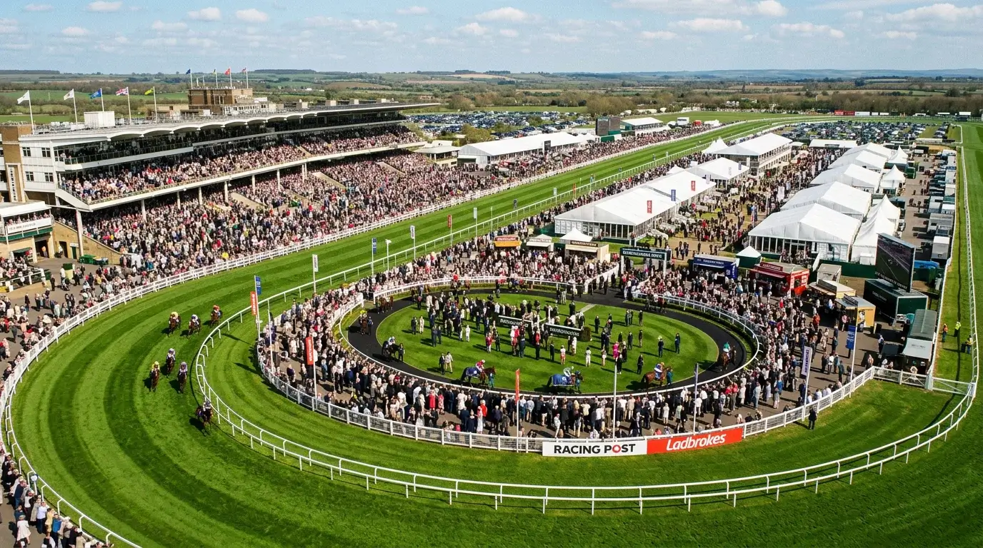 Panoramic view of a busy British racecourse on a major raceday with full grandstands and a packed paddock