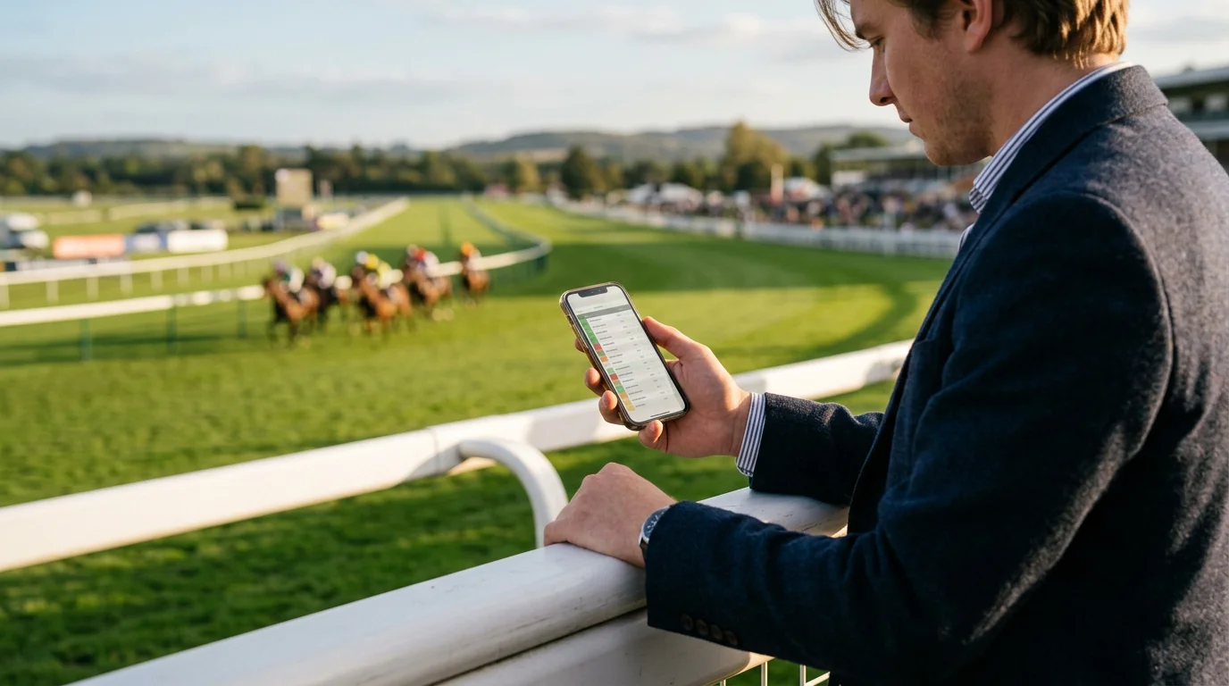 Person checking horse racing results on a smartphone at a British racecourse