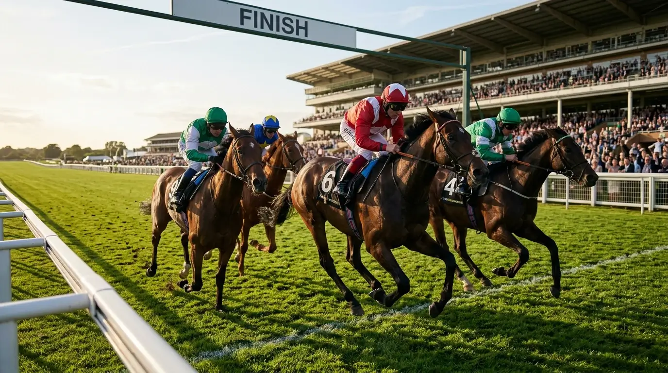 UK horseracing results — thoroughbred horses crossing the finish line on turf at a British racecourse