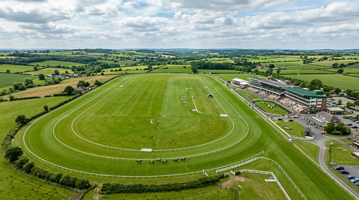 Aerial view of a classic British racecourse with green turf track, white rails and grandstands