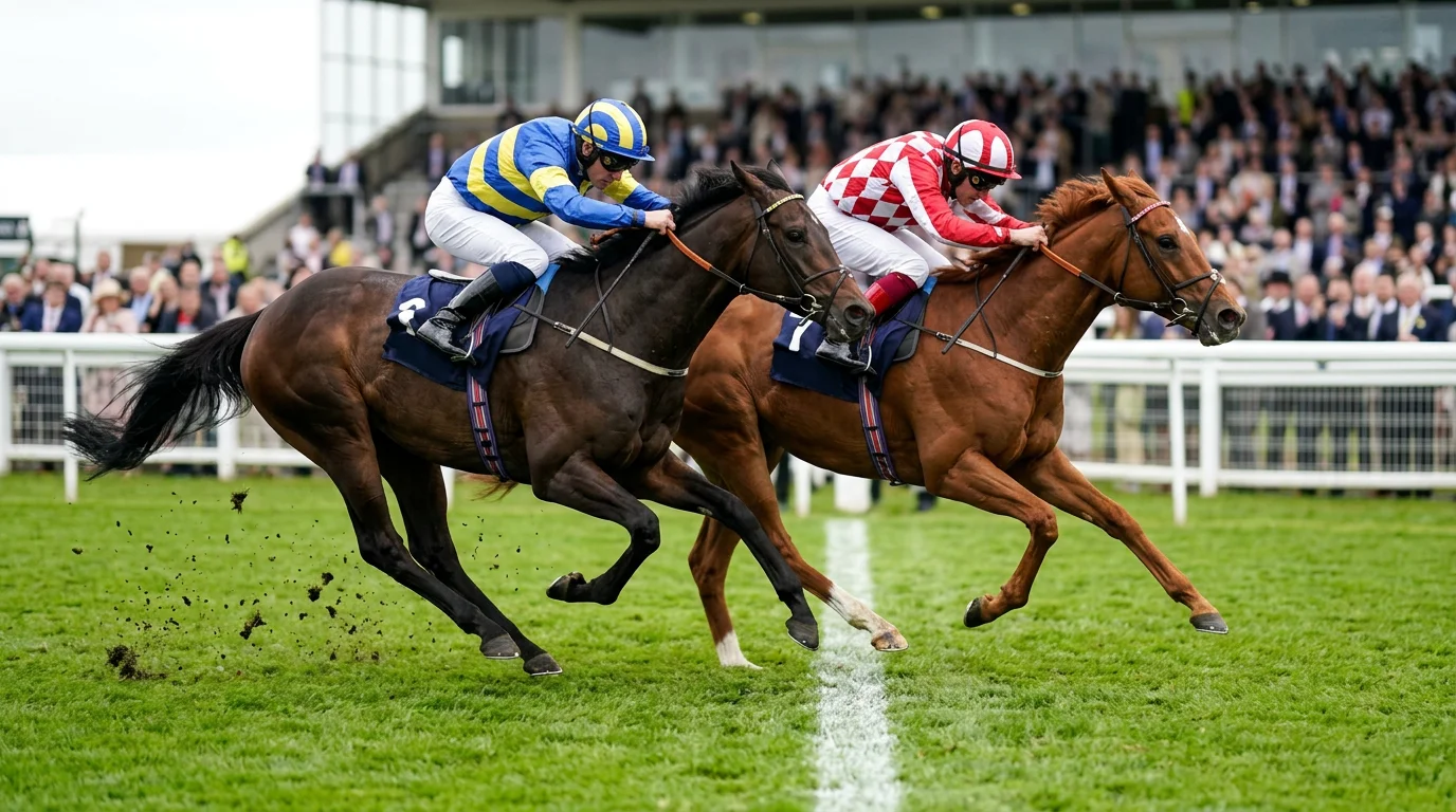 Two thoroughbred racehorses neck and neck crossing the finishing line on a British turf racecourse
